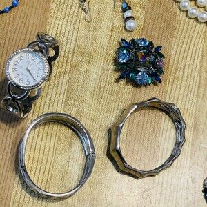 lot Of Vintage Jewelry Mixed Necklaces Bangles Watch Quartz Studio Earrings Etc